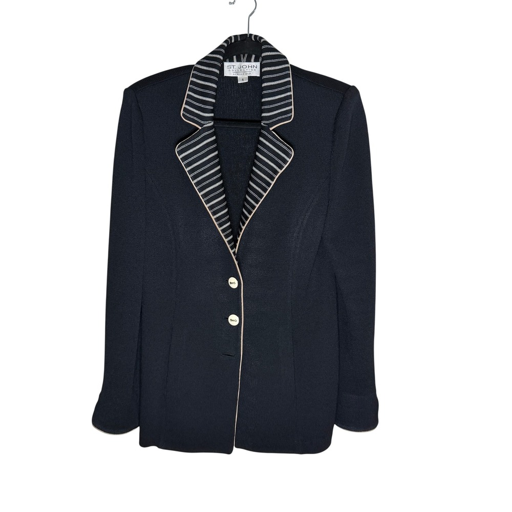 St John Collection Marie Gray Navy Knit Blazer Striped Lapel Gold Buttons 6